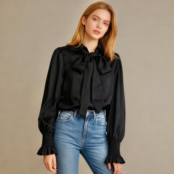 NWOT SEE BY CHLOÉ Tie-Neck Twill Blouse Black Size 36 Long Sleeves with Ruffles - Picture 1 of 13